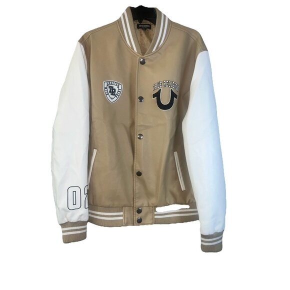 True Religion Varsity Patch Bomber Jacket Men Two Tone Beige/White SIZE Medium - Picture 1 of 13